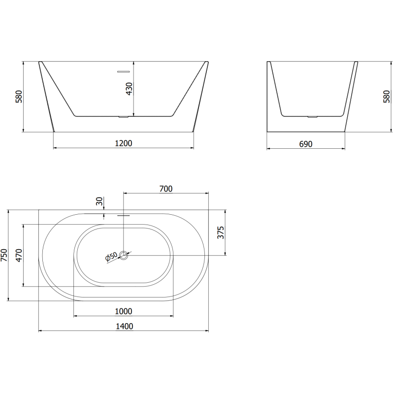 Mexen Oval свободностояща вана за стена 140 x 75 см, бяла, черен преливник