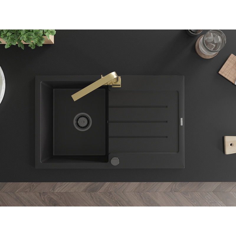 Mexen Bruno гранитна мивка с 1 отделение и отцедник и кухненски смесител Rita, черен - 6513-77-670300-50-B