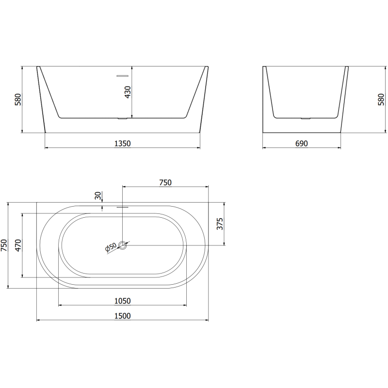 Mexen Oval свободностояща вана прилежаща 150 x 75 см, бяла/черна, преливник