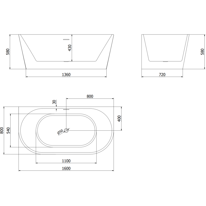 Mexen Oval Свободно стояща вана за стена 160 x 80 см, бяла, преливник матиран