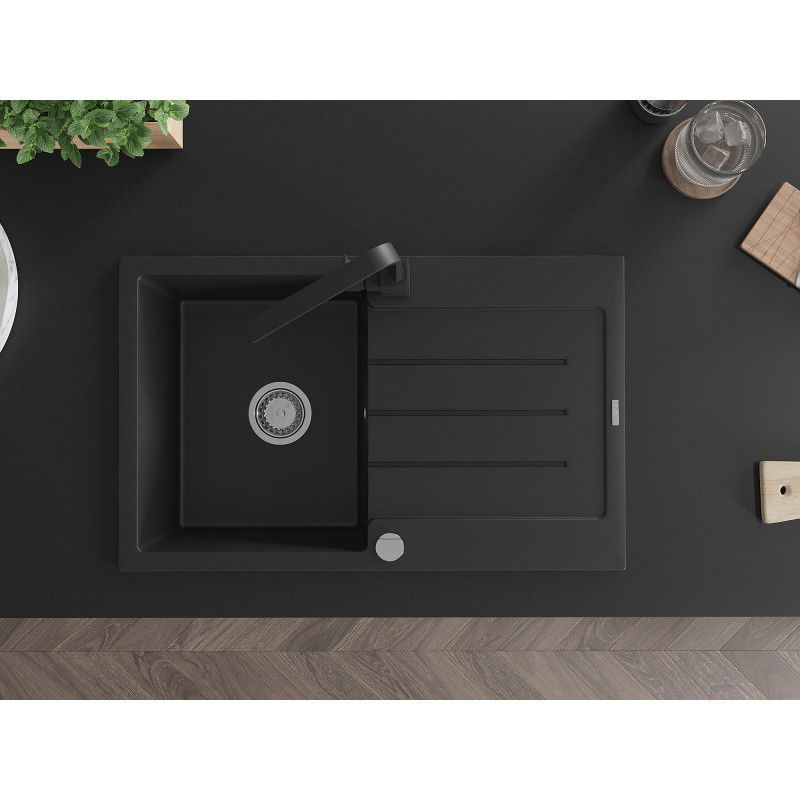 Mexen Bruno гранитна мивка с една камера с отцедник и кухненски смесител Rita, черен - 6513-77-670300-70