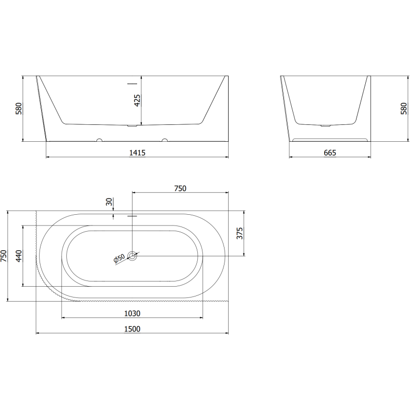 Mexen Silo Свободностояща ъглова вана, дясна, оребрена, 150 x 75 см, бяла/сива,