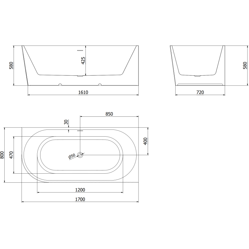 Mexen Silo свободностояща ъглова дясна оребрена вана 170 x 80 см, бяла/черна,