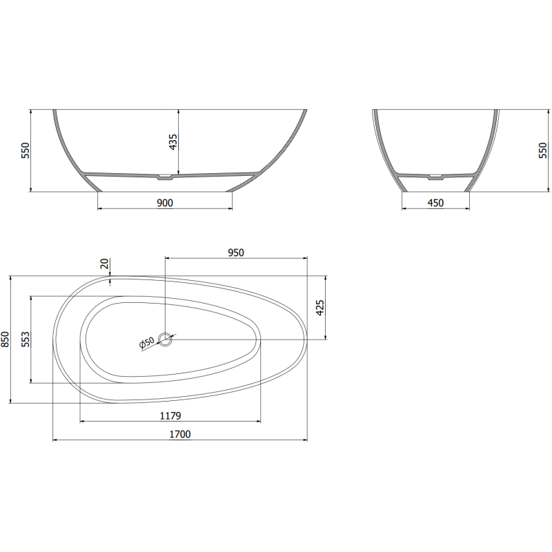 Mexen Glass деним свободностояща прозрачна вана 170 x 85 cm, хромиран изпускател - 58061708507