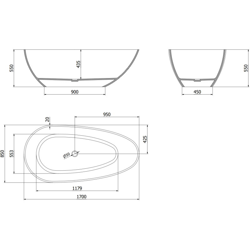 Mexen Glass прозрачна свободностояща вана 170 x 85 см, деним, хромиран клапан