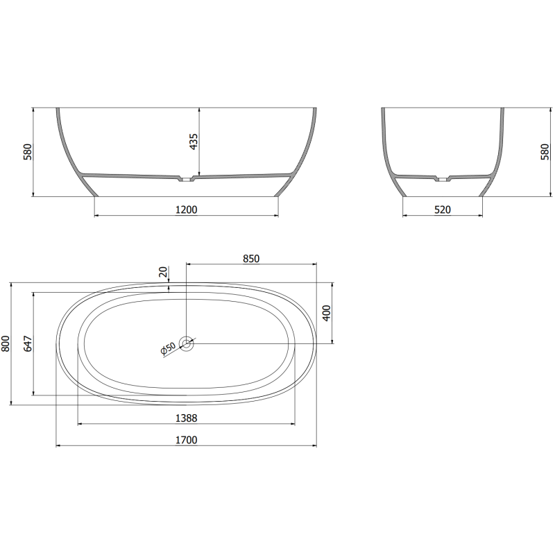 Mexen Pure earth свободностояща прозрачна вана 170 x 80 см, хромиран изпускател - 58071708005