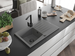 Mexen Cesar Гранитна мивка с 1 отделение с отцедник и кухненски смесител Rita, сив - 6514-71-670300-70-B