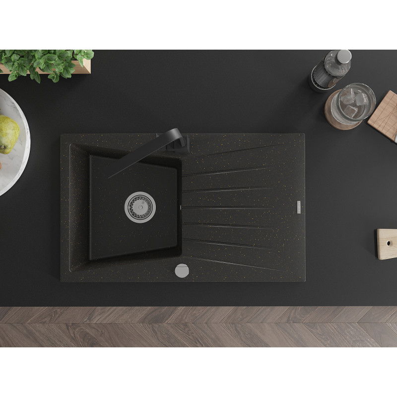 Mexen Cesar гранитна мивка с 1 отделение с отцедник и кухненски смесител Rita, черен/златен металик - 6514-75-670300-70