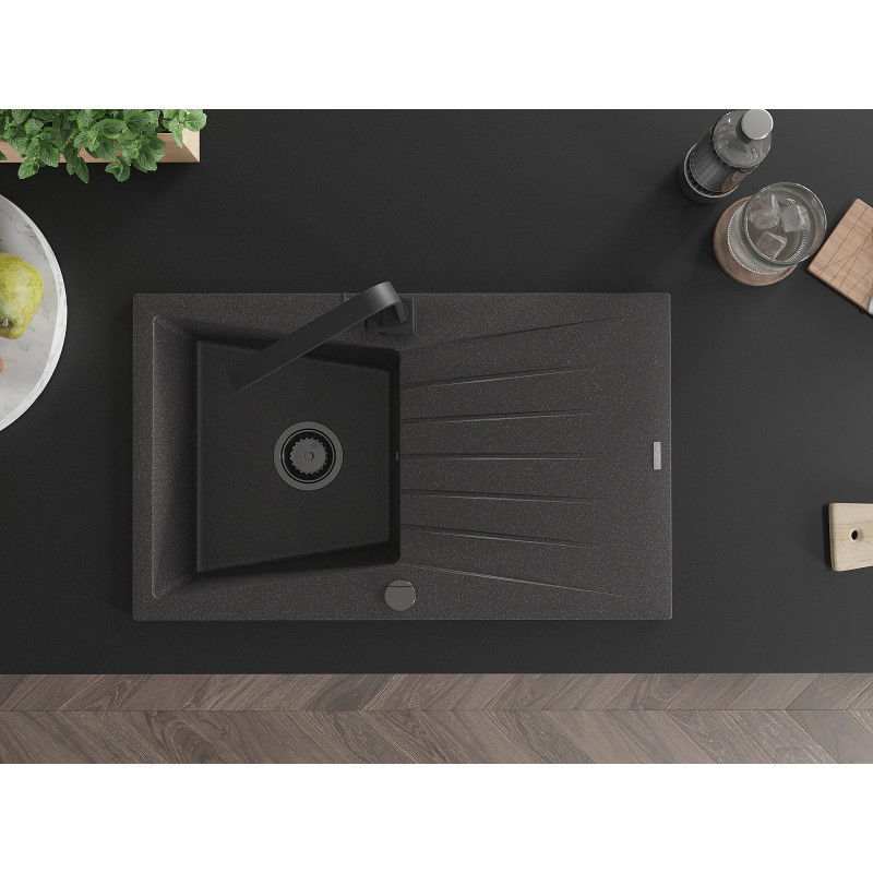 Mexen Cesar гранитна мивка с 1 отделение с отцедник и кухненски смесител Rita, черна с пръски - 6514-76-670300-70-B