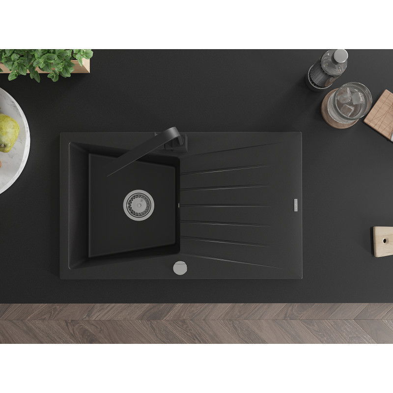 Mexen Cesar гранитна мивка с 1 отделение, с отцедник и кухненски смесител Rita, черен - 6514-77-670300-70