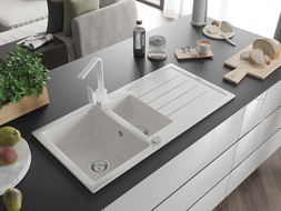 Mexen Andres гранитна мивка 1,5-коморна с отцедник и кухненски смесител Rita, бял - 6515-20-670300-20