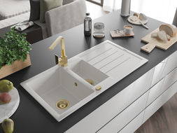 Mexen Andres гранитна мивка с 1,5 камери и отцедник и кухненски смесител Rita, бял - 6515-20-670300-50