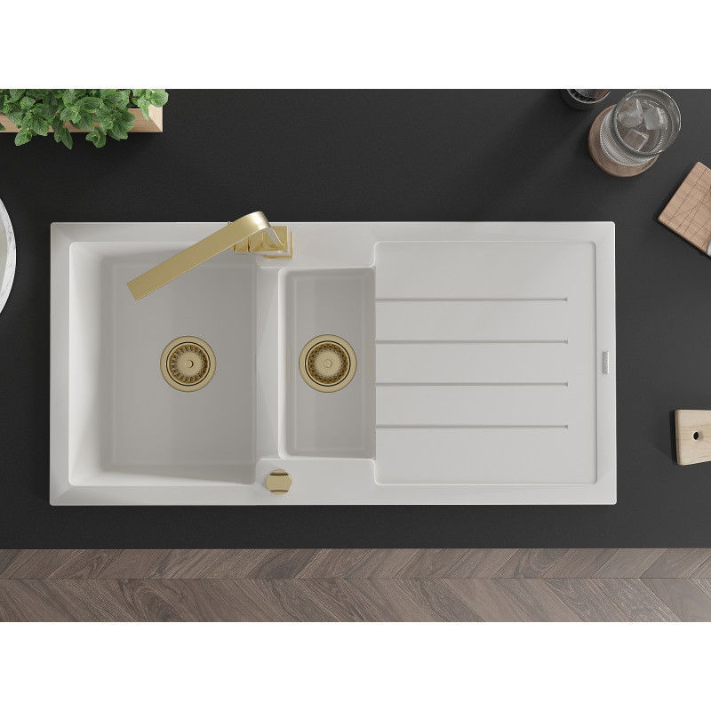 Mexen Andres гранитна мивка с 1,5 камери и отцедник и кухненски смесител Rita, бял - 6515-20-670300-50