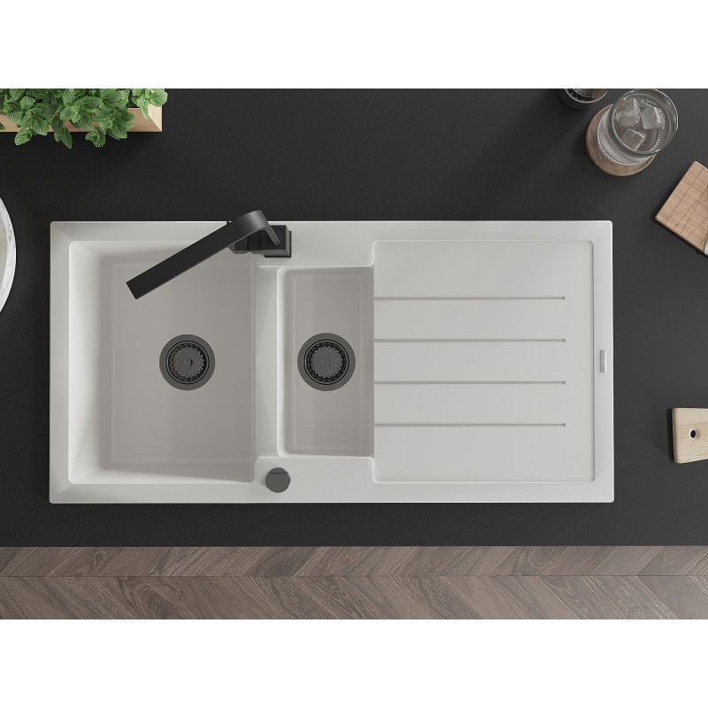 Mexen Andres гранитна мивка с 1,5 камери и отцедник и кухненски смесител Rita, бял - 6515-20-670300-70