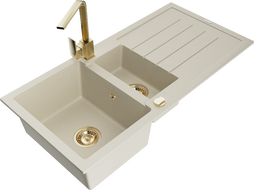 Mexen Andres гранитна мивка 1,5-камерна с отцедник и кухненски смесител Rita, бежов - 6515-69-670300-50
