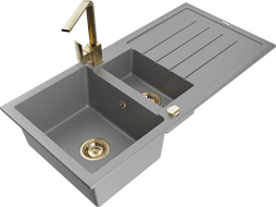 Mexen Andres гранитна мивка с 1,5 отделения, отцедник и кухненски смесител Rita, сив - 6515-71-670300-50