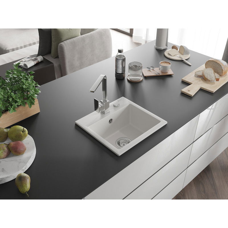 Mexen Milo гранитна кухненска мивка с 1 отделение и кухненски смесител Rita, бял - 6505-20-670300-00