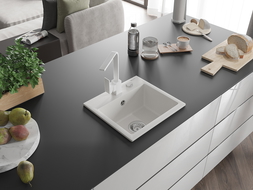 Mexen Milo гранитна кухненска мивка с 1 отделение и батерия Rita, бял - 6505-20-670300-20