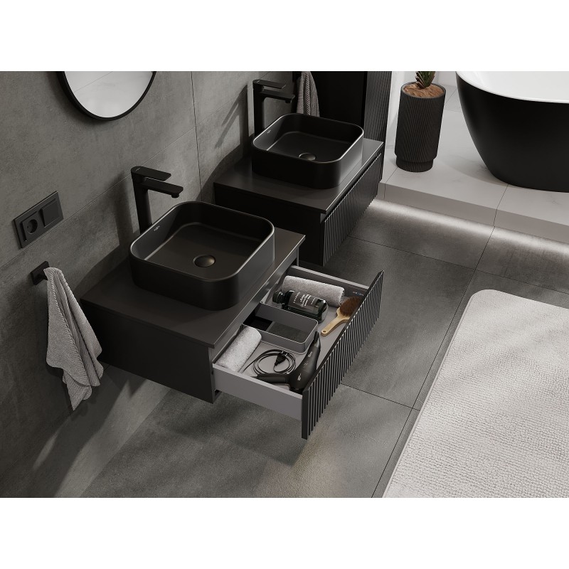 Mexen Rivel шкаф за баня под мивка 60 см с плот, 1 чекмедже, релефен, черен мат - 91A20-06023-1-BFC71