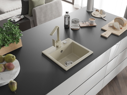 Mexen Milo гранитна кухненска мивка с 1 отделение и кухненски смесител Rita, бежов - 6505-69-670300-69