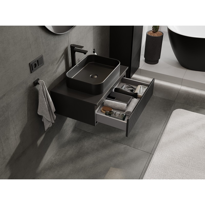 Mexen Rivel шкаф за баня под мивка 70 см с плот, 1 чекмедже, оребрен, черно мат