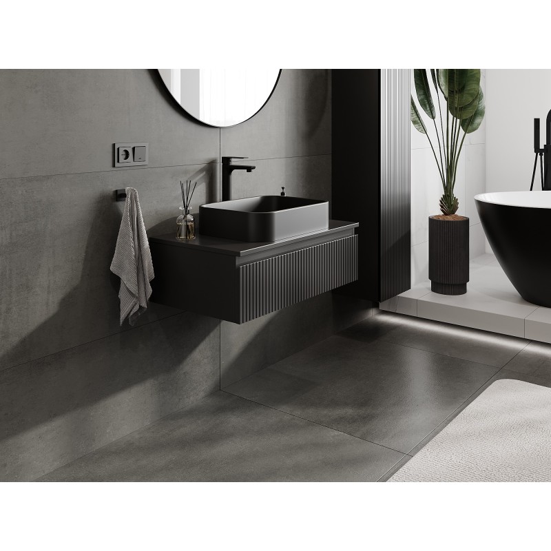 Mexen Rivel шкаф за баня под мивка 80 см с плот, 1 чекмедже, оребрен, черен мат