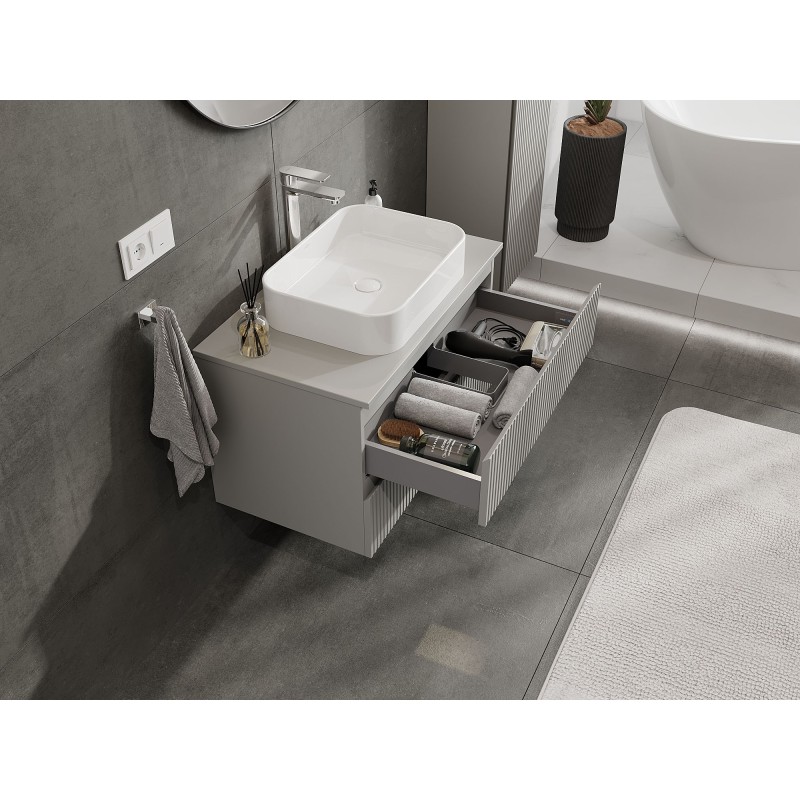 Mexen Rivel шкаф за баня под умивалник 80 см с плот, 2 чекмеджета, с гравирани линии, сив мат - 91A20-08047-2-BFFC62