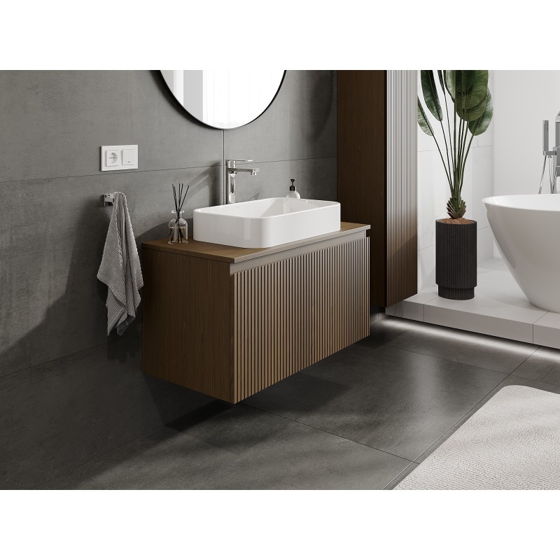 Mexen Rivel шкаф за баня за мивка 90 см с плот, 1 чекмедже, набразден, орех - 91A20-09047-1-BFC86