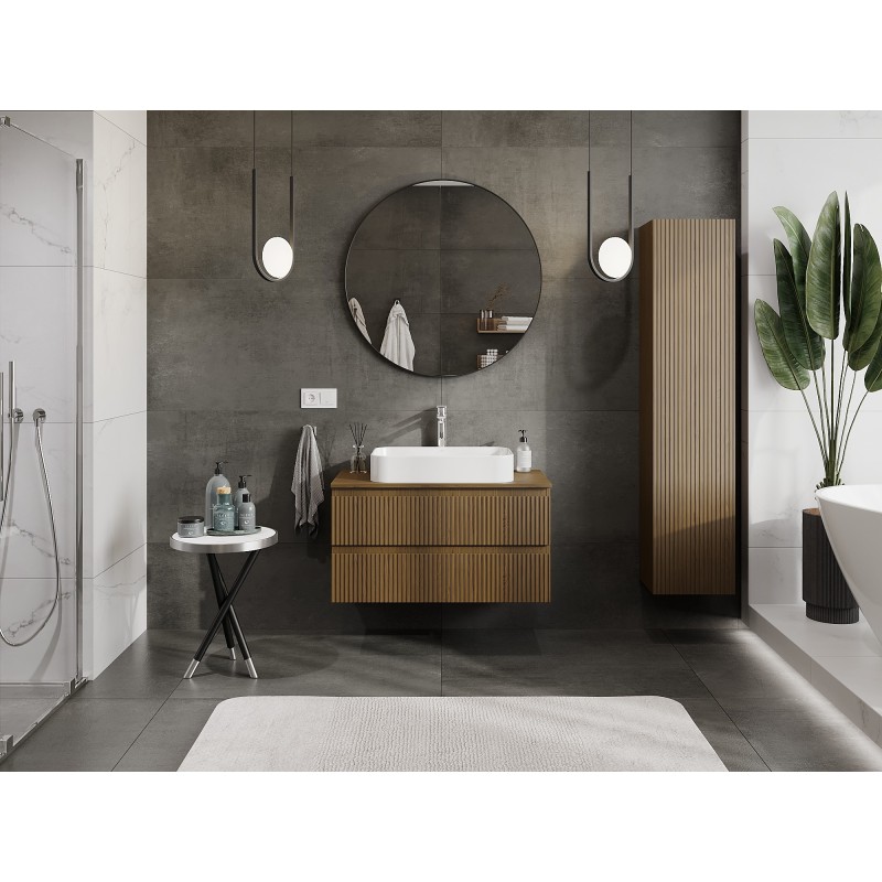 Mexen Rivel шкафче за баня под мивка 90 см с плот, 2 чекмеджета, рифовано, орех