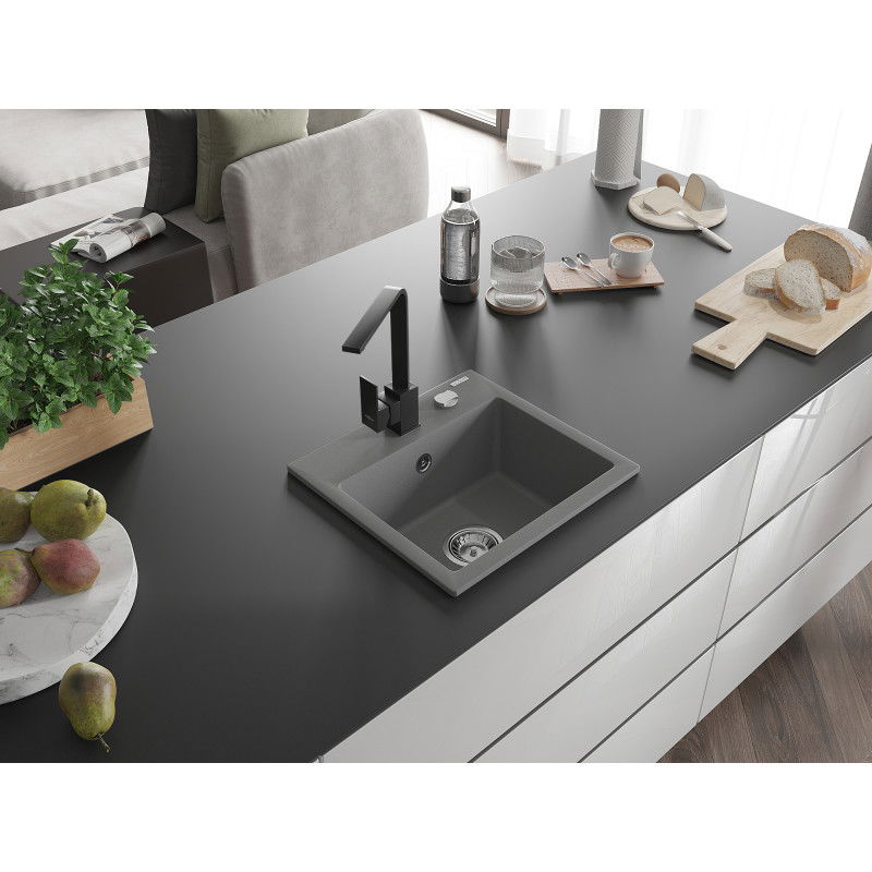 Mexen Milo кухненска мивка от гранит с една камера с кухненски смесител Rita, сив - 6505-71-670300-70