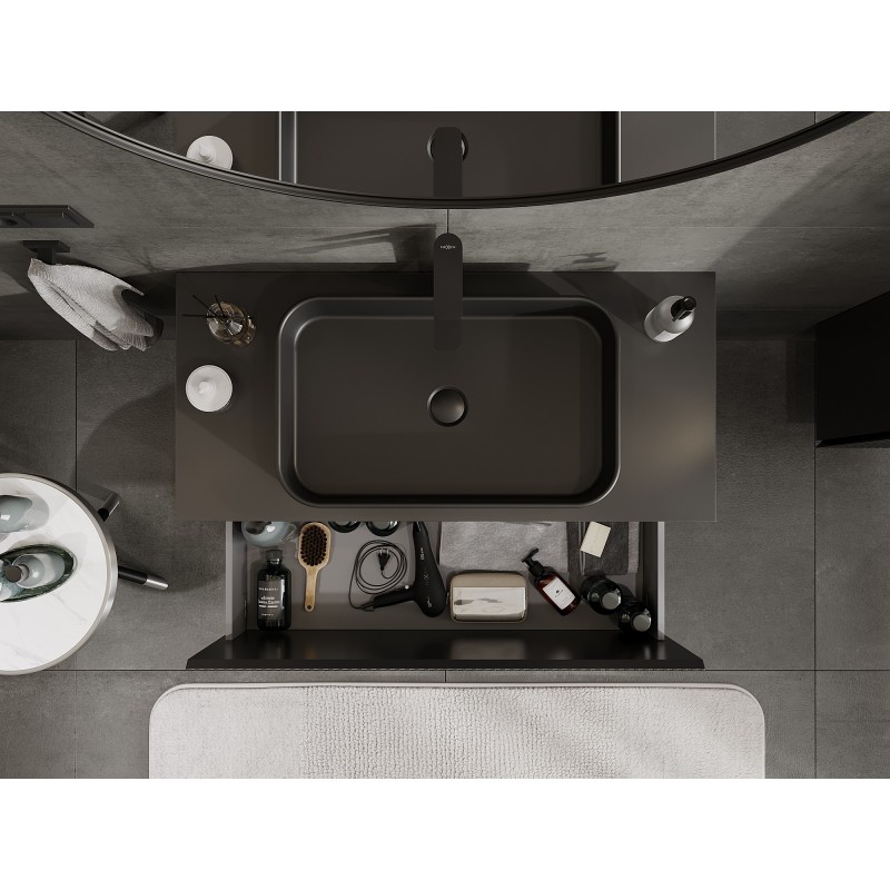 Mexen Rivel шкаф за мивка за баня 100 см с плот, 1 чекмедже, рифелован, черен