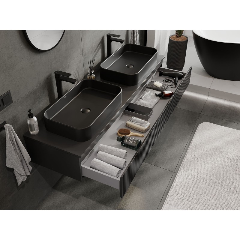 Mexen Rivel шкаф за баня под мивка 160 см с плот, 1 чекмедже, гофриран, черен мат - 91A20-16023-1-BFC71