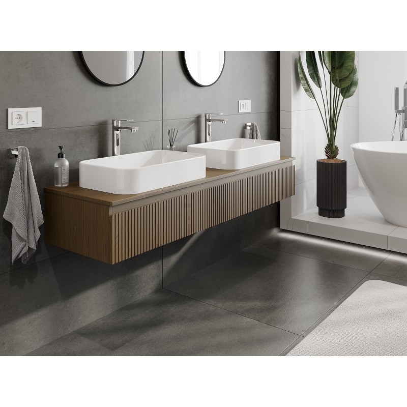 Mexen Rivel шкаф за баня под мивка 160 см с плот, 1 чекмедже, оребрен, орех