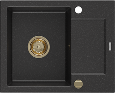 Mexen Enzo гранитна мивка с една камера и сушилня 576 x 465 мм, черен/сребърен металик, сифон златен - 6506571005-73-G