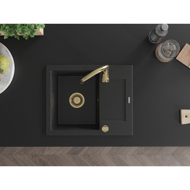 Mexen Enzo гранитна мивка с една камера и сушилня 576 x 465 мм, черен/сребърен металик, сифон златен - 6506571005-73-G