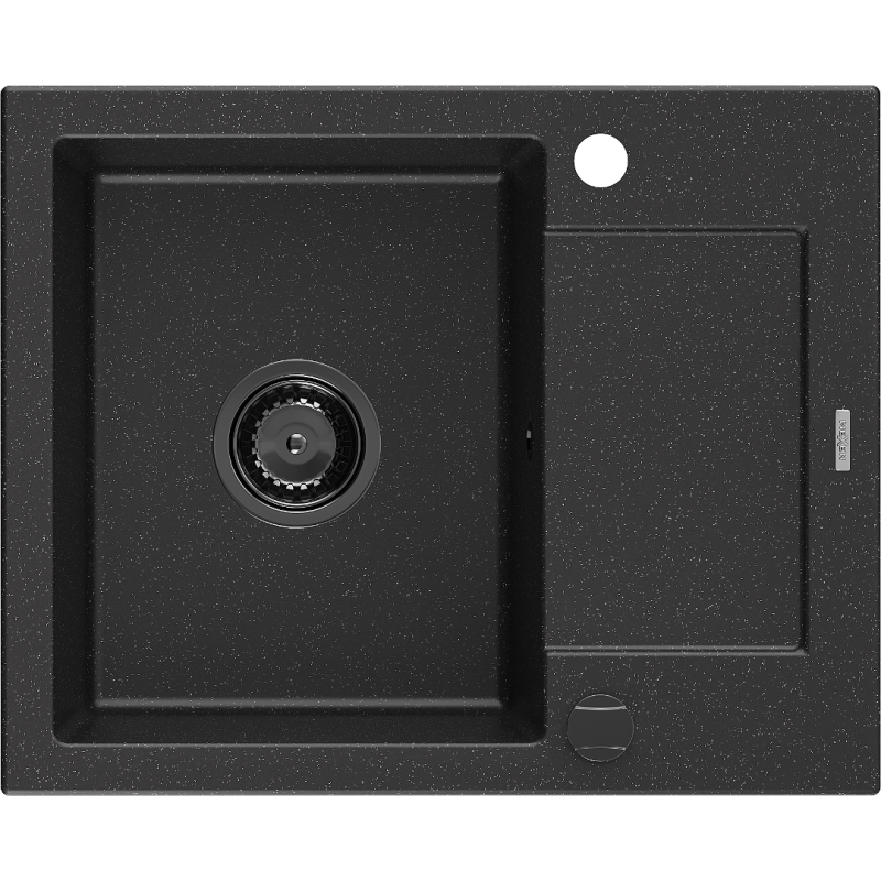 Mexen Enzo гранитна мивка с 1 отделение и с оцедник 576 x 465 mm, черен/сребрист металик, черен сифон - 6506571005-73-B