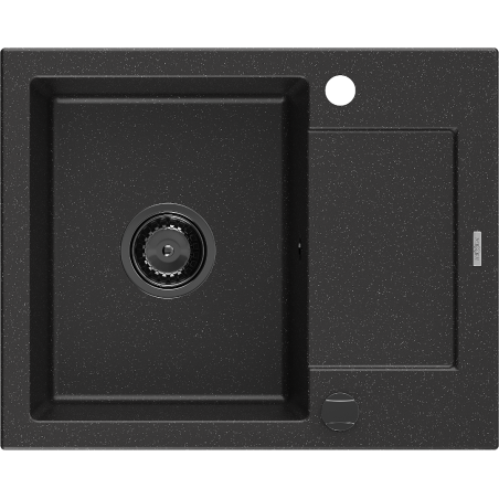 Mexen Enzo гранитна мивка с 1 отделение и с оцедник 576 x 465 mm, черен/сребрист металик, черен сифон - 6506571005-73-B