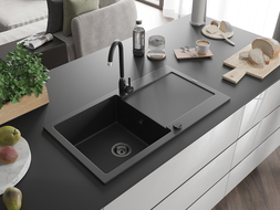 Mexen Leo гранитна мивка с 1 корито и отцедник 900 x 500 мм, черен/сребърен