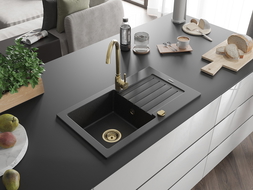 Mexen Pablo кухненска мивка гранитна, 1 камера с отцедник 752 x 436 mm, черен/сребрист металик, сифон златист - 6510751010-73-G
