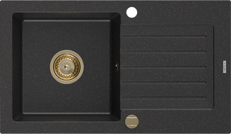 Mexen Pablo кухненска мивка гранитна, 1 камера с отцедник 752 x 436 mm, черен/сребрист металик, сифон златист - 6510751010-73-G