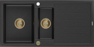 Mexen Andres гранитна мивка 1,5-комплект с отцедник 1000 x 500 mm черен/сребрист металик, златен сифон - 6515101510-73-G