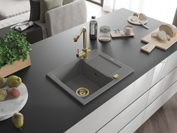 Mexen Enzo гранитна мивка с 1 отделение с изцедник и кухненски смесител Duero, сив - 6506-71-671600-50
