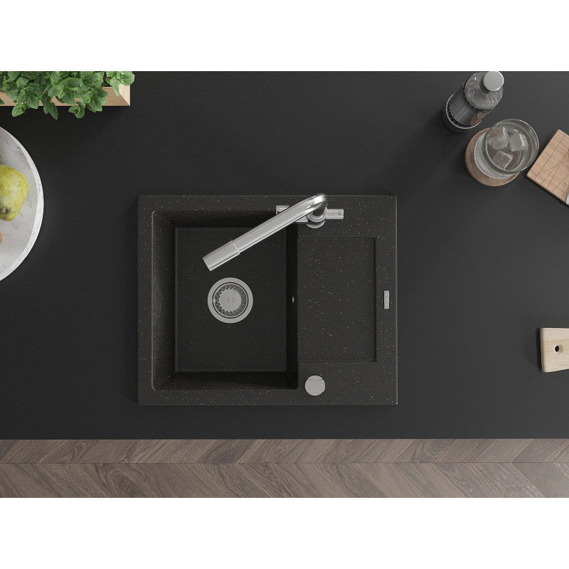 Mexen Enzo еднокамерна гранитна мивка със сушилник и кухненски смесител Duero, черен/златен металик - 6506-75-671600-00