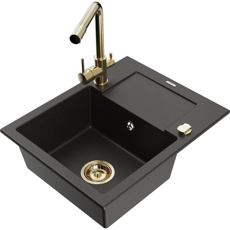 Mexen Enzo гранитна мивка с 1 камера с отцедник и кухненски смесител Duero, черно/злато металик - 6506-75-671600-50