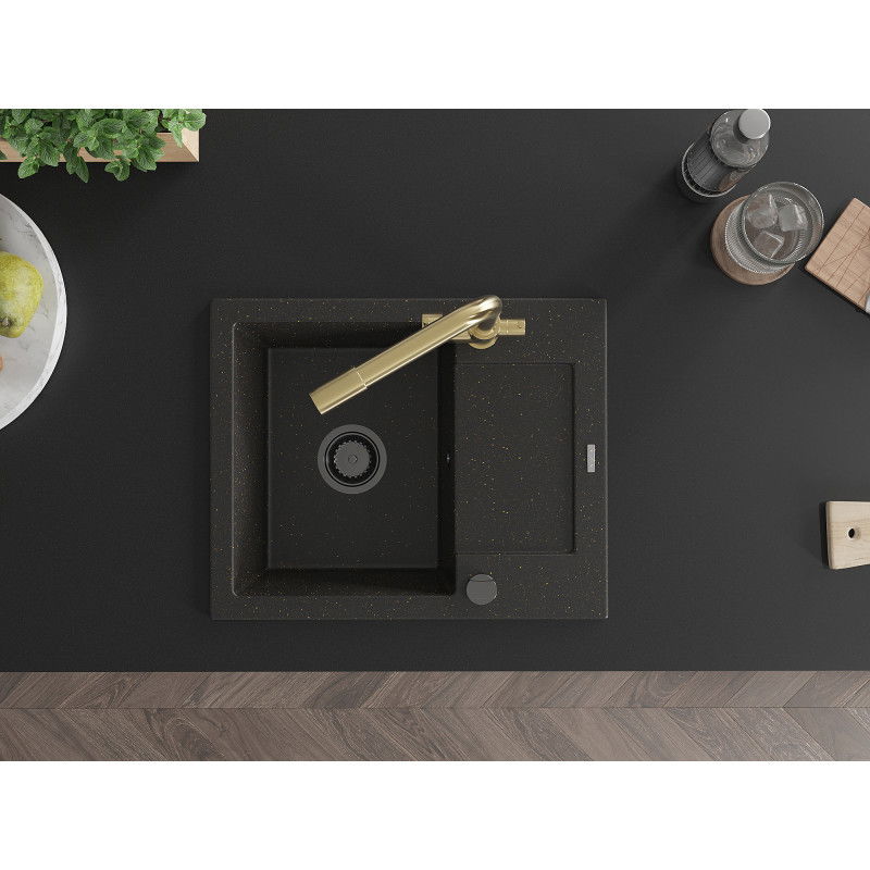 Mexen Enzo 1-коморов гранитен мивка с отцедник и кухненски смесител Duero, черен/златен металик - 6506-75-671600-50-B