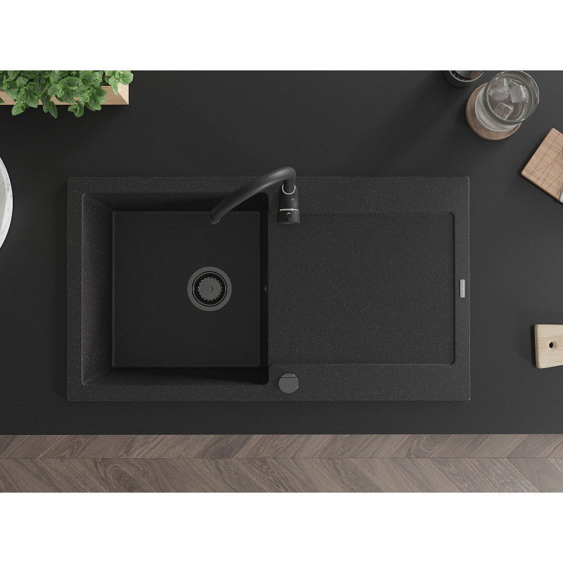 Mexen Leo едночелен мивка от гранит с отцедник и кухненски смесител Telma, черен/сребърен металик - 6501-73-670200-70-B
