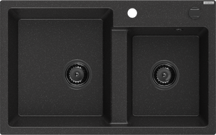 Mexen Tomas гранитна мивка с две камери 800 x 500 мм, черно/сребрист металик, черен сифон - 6516802000-73-B