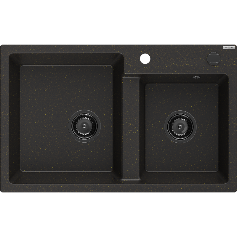 Mexen Tomas гранитна мивка с 2 камери 800 x 500 мм, черно/златен металик, черен