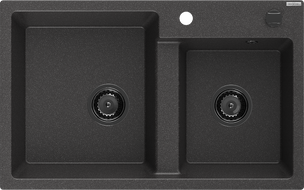 Mexen Tomas гранитна мивка с 2 отделения 800 x 500 mm, черна с пръски, черен сифон - 6516802000-76-B