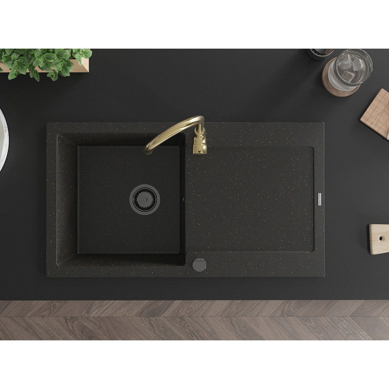 Mexen Leo гранитна мивка с 1 камера, с отцедник и кухненски смесител Telma, черно/златно металик - 6501-75-670200-50-B